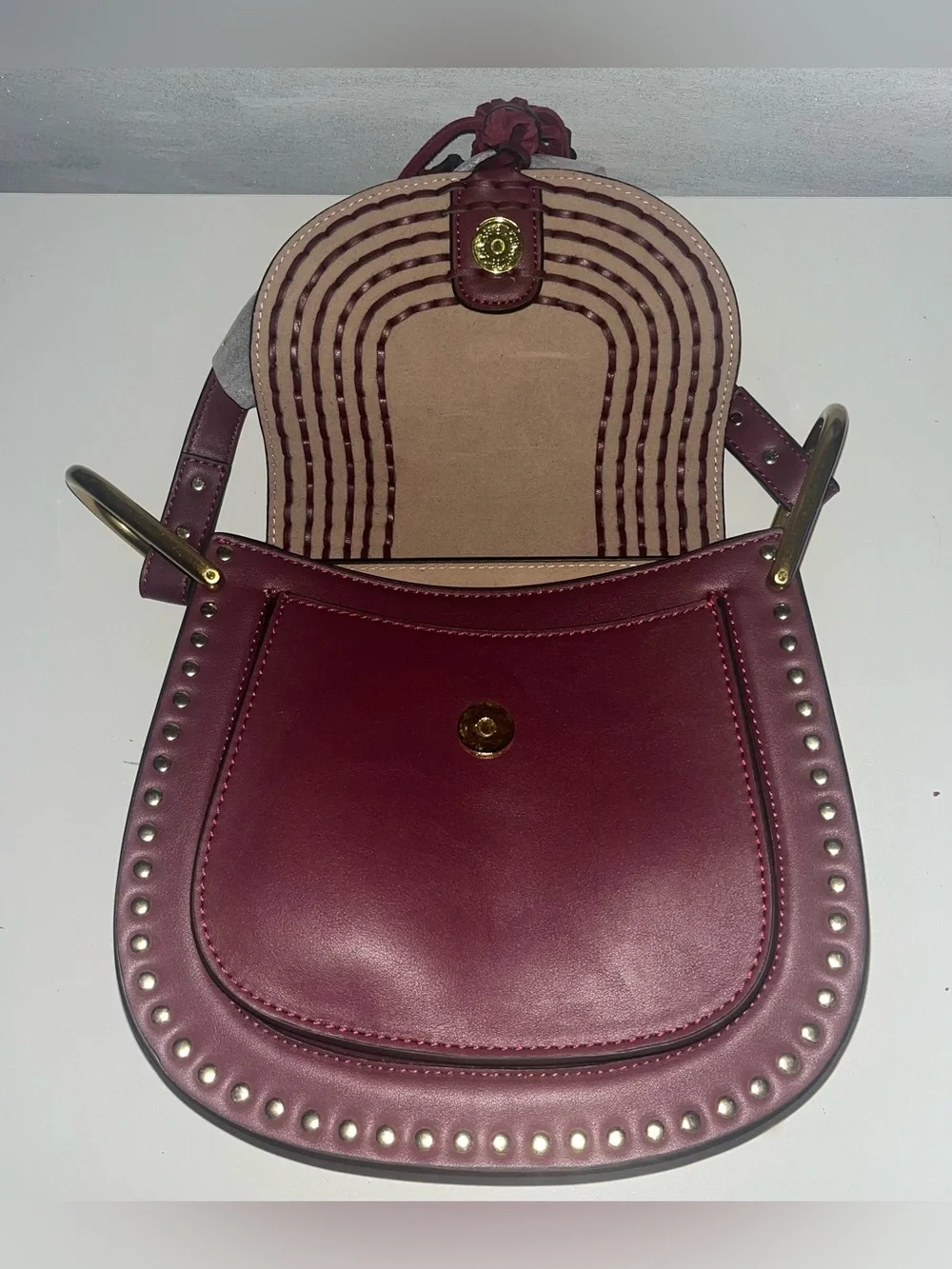 Braided Accent Shoulder Bag in Wine Red with Gold Hardware